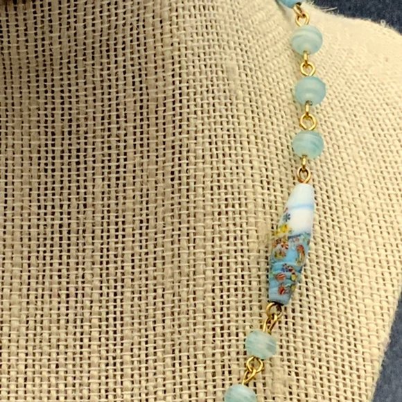 Gold Blue Millifleur Necklace Multicolor Swirled Flower - Picture 5 of 8